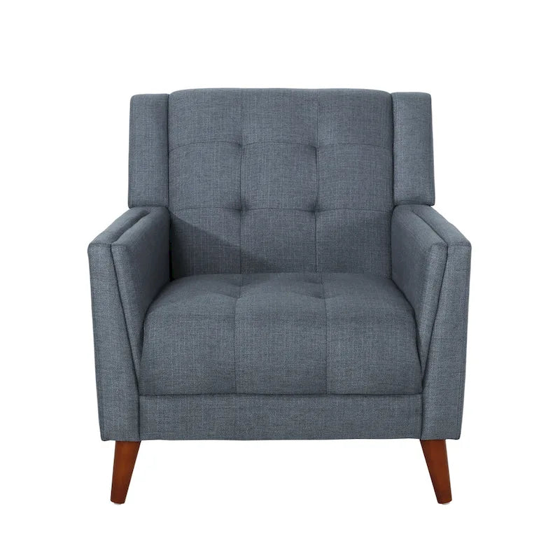 Fauteuil de club gris foncé en polyester, dossier, accoudoirs et assise capitonnés gaufrés, pieds effilés en bois de bouleau noyer, moderne du milieu du siècle