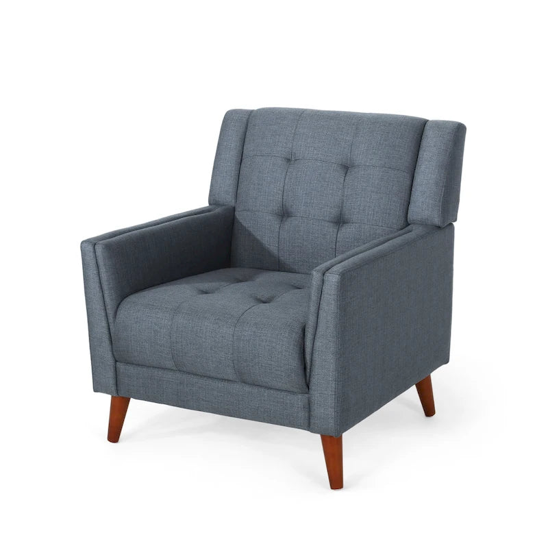 Fauteuil de club gris foncé en polyester, dossier, accoudoirs et assise capitonnés gaufrés, pieds effilés en bois de bouleau noyer, moderne du milieu du siècle