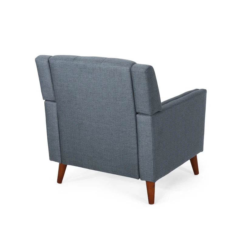 Fauteuil de club gris foncé en polyester, dossier, accoudoirs et assise capitonnés gaufrés, pieds effilés en bois de bouleau noyer, moderne du milieu du siècle