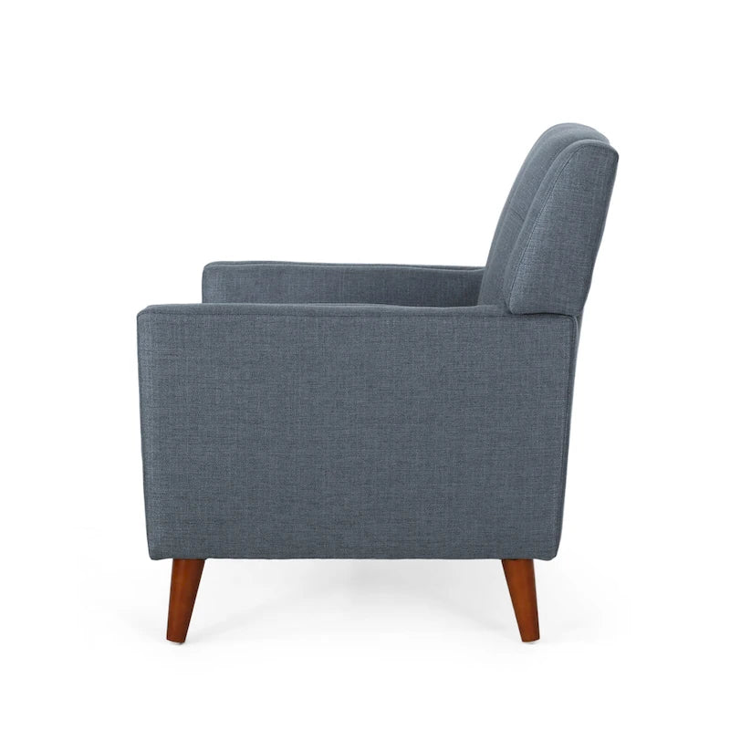 Fauteuil de club gris foncé en polyester, dossier, accoudoirs et assise capitonnés gaufrés, pieds effilés en bois de bouleau noyer, moderne du milieu du siècle