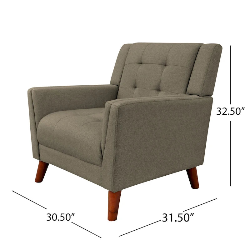 Fauteuil de club gris foncé en polyester, dossier, accoudoirs et assise capitonnés gaufrés, pieds effilés en bois de bouleau noyer, moderne du milieu du siècle