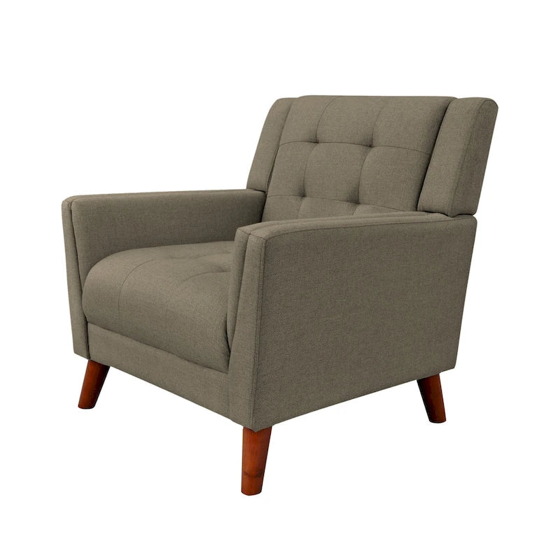 Fauteuil de club gris foncé en polyester, dossier, accoudoirs et assise capitonnés gaufrés, pieds effilés en bois de bouleau noyer, moderne du milieu du siècle