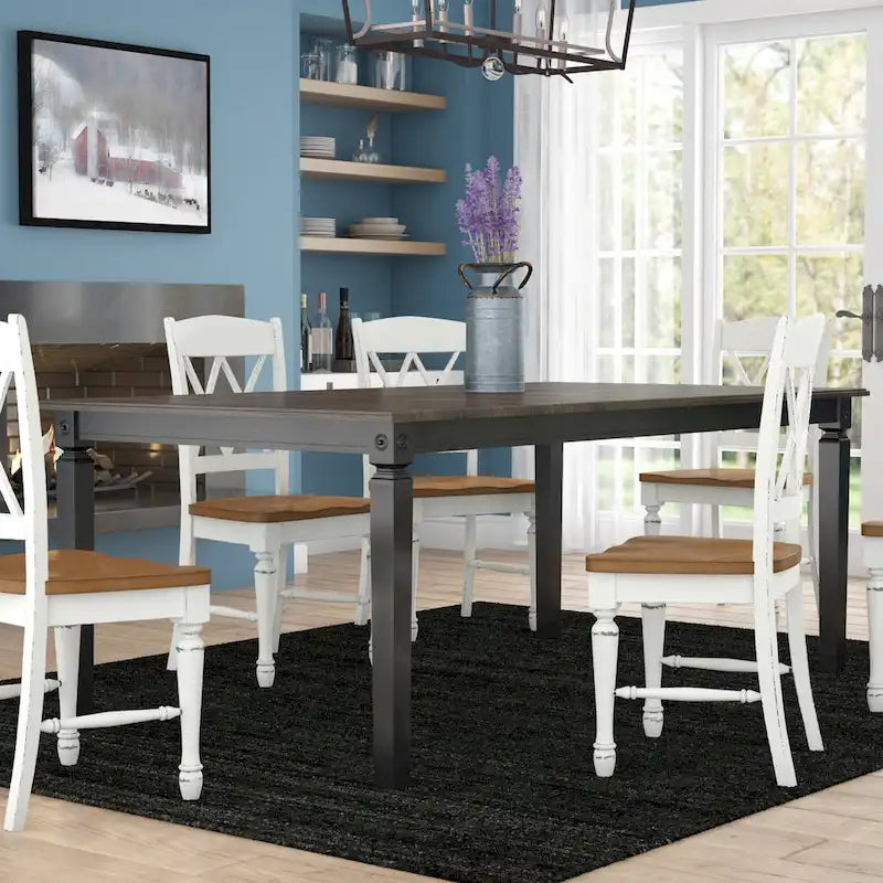 Table à manger rectangulaire extensible en bois massif charbon noir finition vieillie