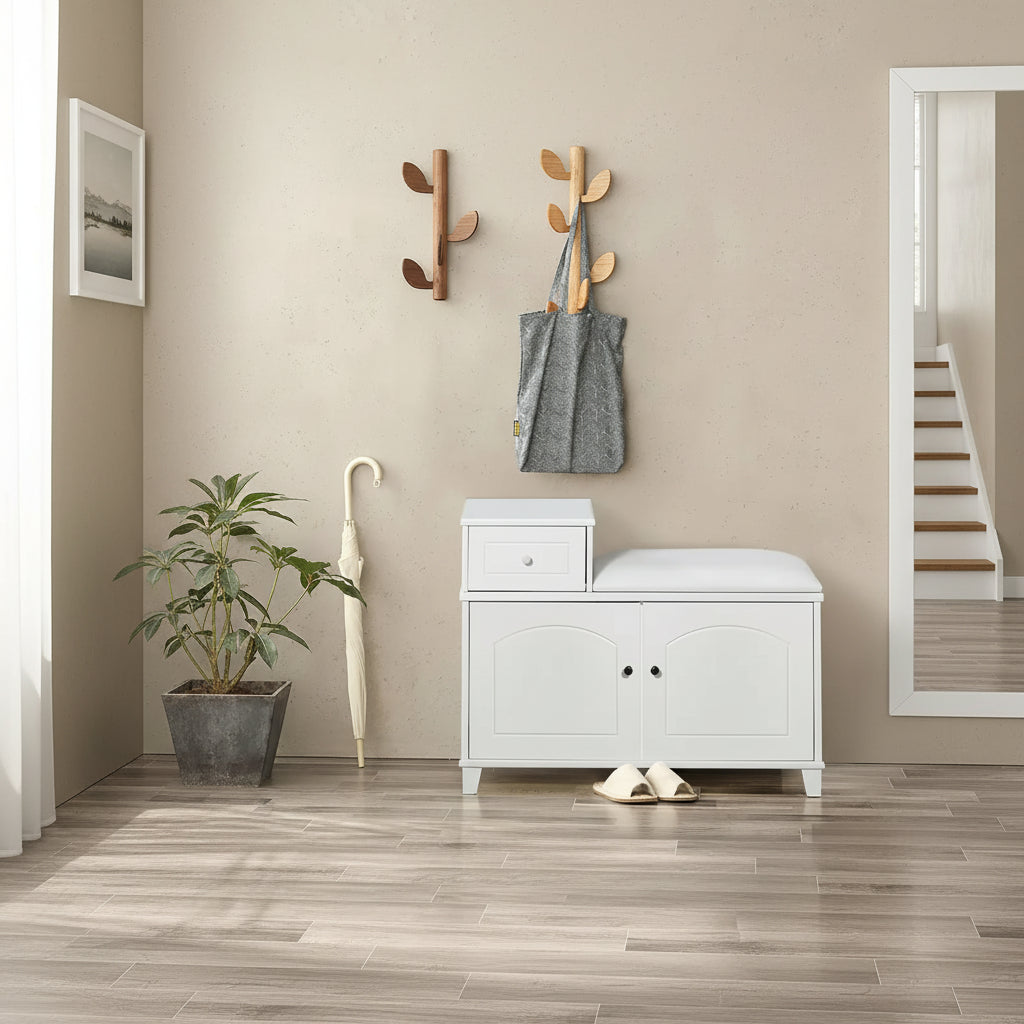 Wooden Shoe Storage Bench Shoe Ottoman Cabinet with Drawer,White