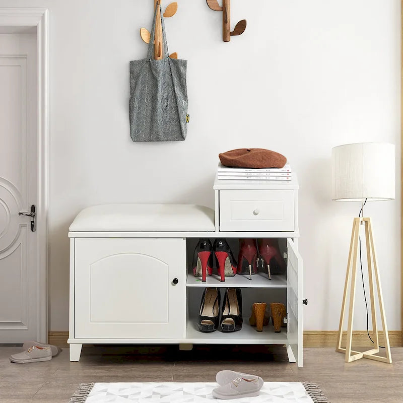Banc de rangement à chaussures blanc avec coussin, tiroir et armoire à double porte