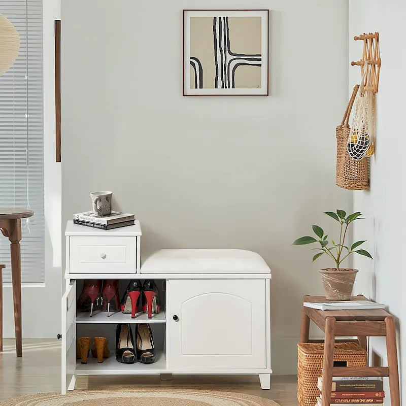 Banc de rangement à chaussures blanc avec coussin, tiroir et armoire à double porte