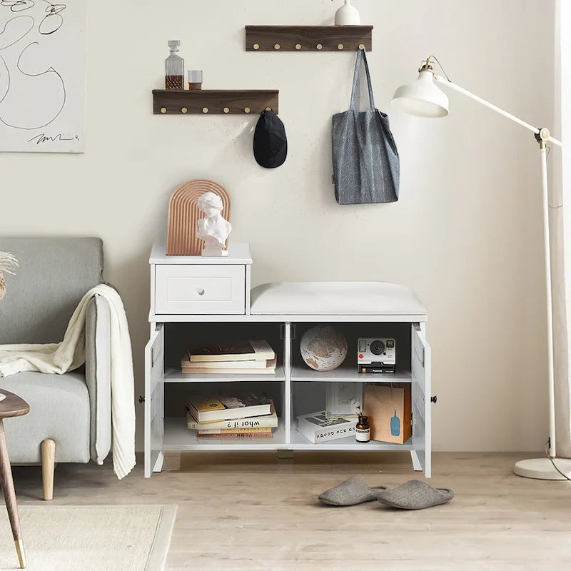Banc de rangement à chaussures blanc avec coussin, tiroir et armoire à double porte