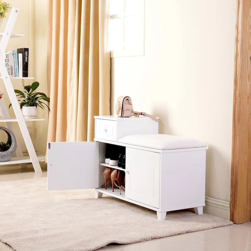 Banc de rangement à chaussures blanc avec coussin, tiroir et armoire à double porte
