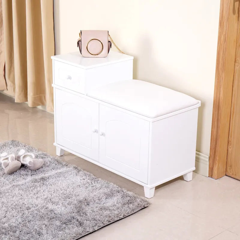 Banc de rangement à chaussures blanc avec coussin, tiroir et armoire à double porte