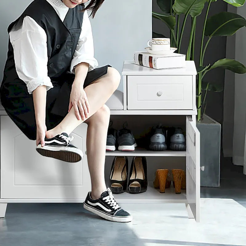 Banc de rangement à chaussures blanc avec coussin, tiroir et armoire à double porte