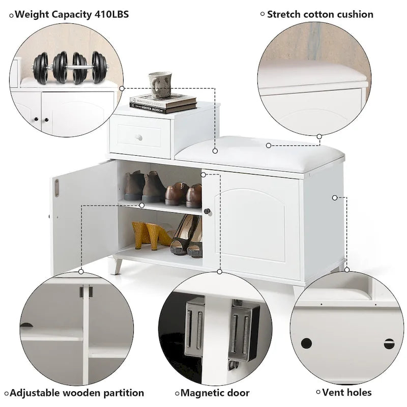Banc de rangement à chaussures blanc avec coussin, tiroir et armoire à double porte