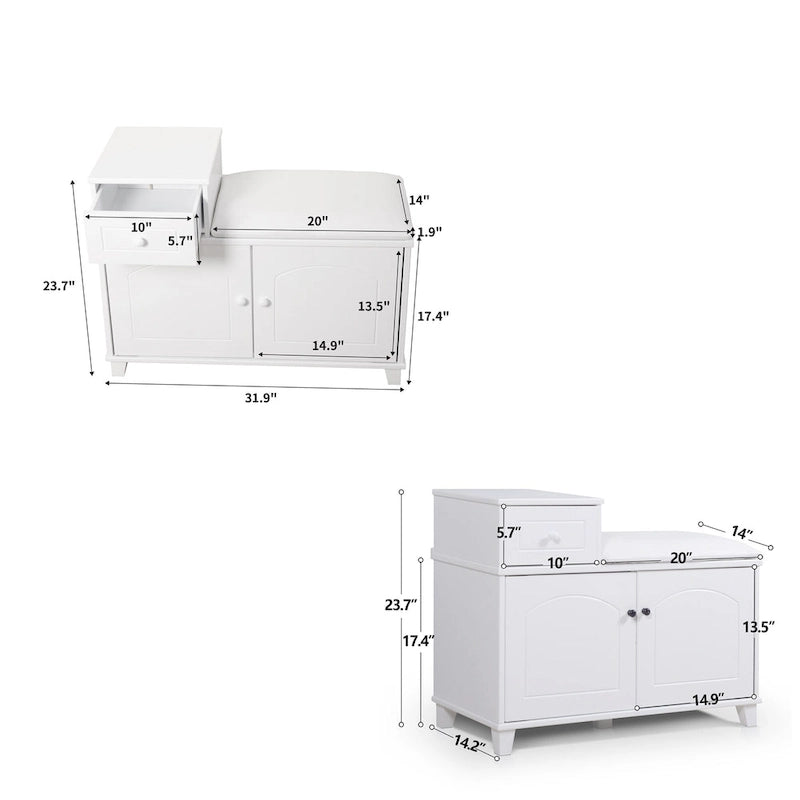 Banc de rangement à chaussures blanc avec coussin, tiroir et armoire à double porte