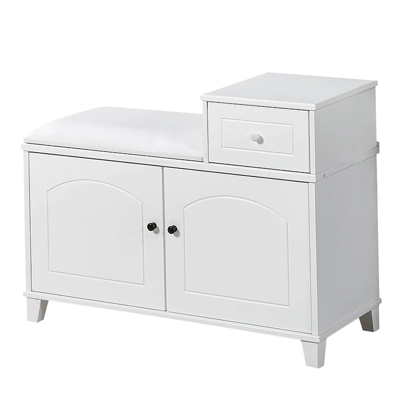Banc de rangement à chaussures blanc avec coussin, tiroir et armoire à double porte