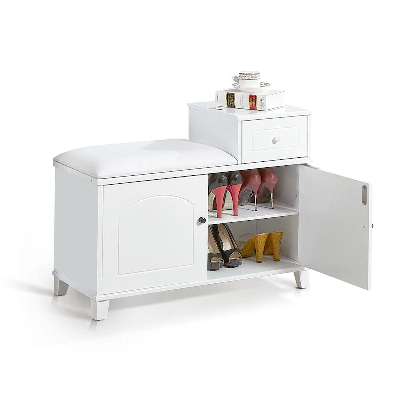 Banc de rangement à chaussures blanc avec coussin, tiroir et armoire à double porte