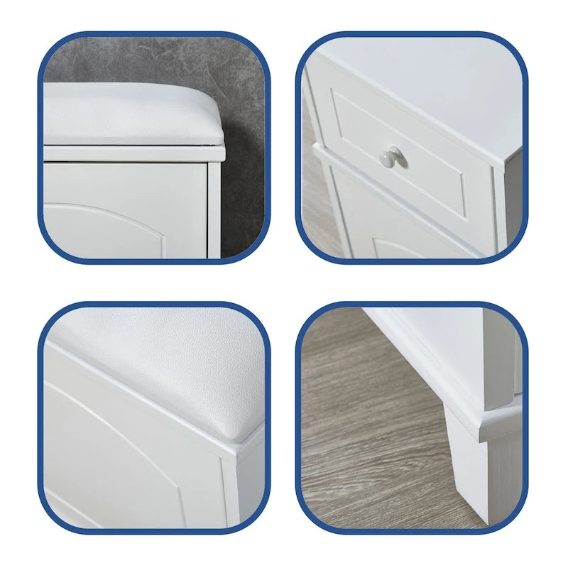 Banc de rangement à chaussures blanc avec coussin, tiroir et armoire à double porte