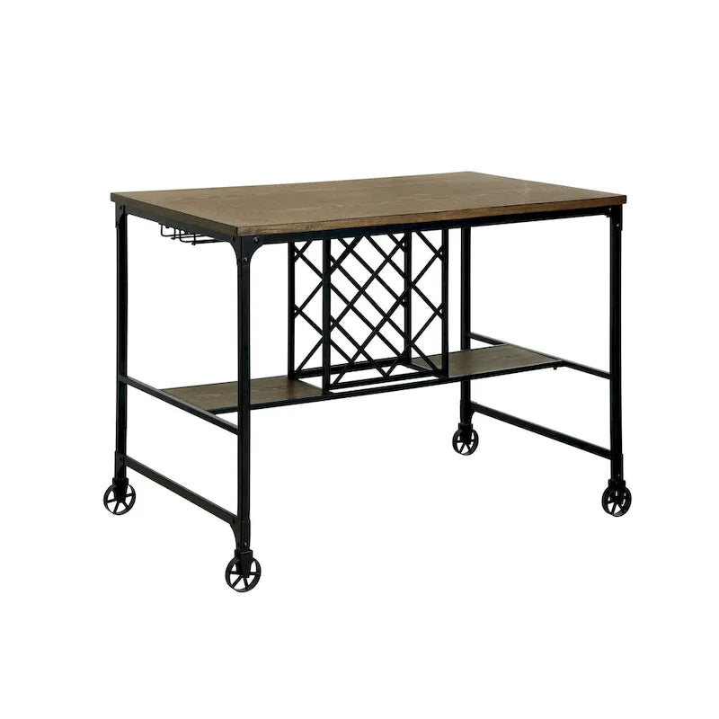 Îlot de cuisine industriel en chêne moyen, cadre en métal noir, porte-bouteilles, porte-verres, roulettes