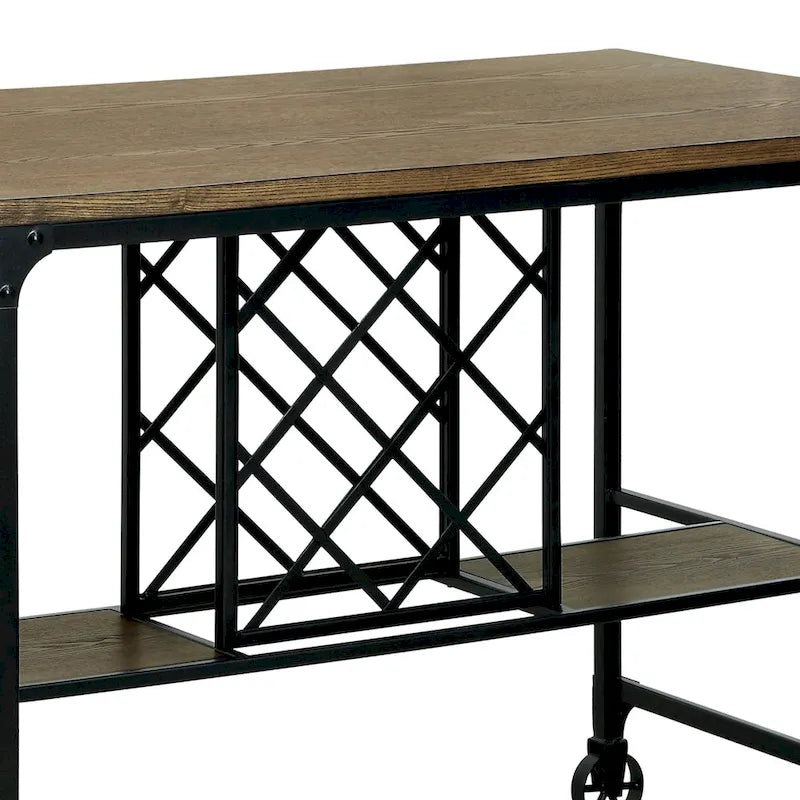 Îlot de cuisine industriel en chêne moyen, cadre en métal noir, porte-bouteilles, porte-verres, roulettes