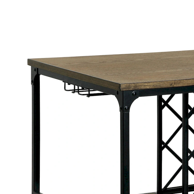 Îlot de cuisine industriel en chêne moyen, cadre en métal noir, porte-bouteilles, porte-verres, roulettes