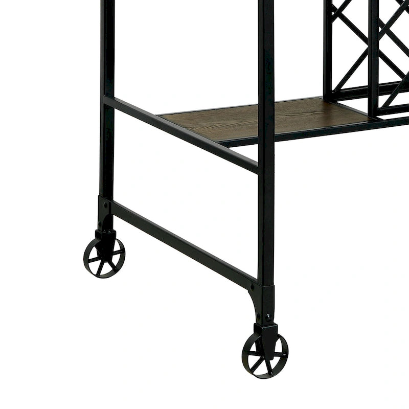 Îlot de cuisine industriel en chêne moyen, cadre en métal noir, porte-bouteilles, porte-verres, roulettes