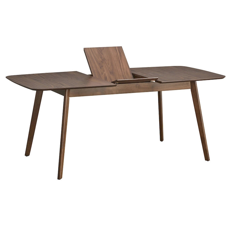 Table à manger extensible en noyer, avec rallonge papillon, pieds coniques style Mid-Century, coins arrondis.