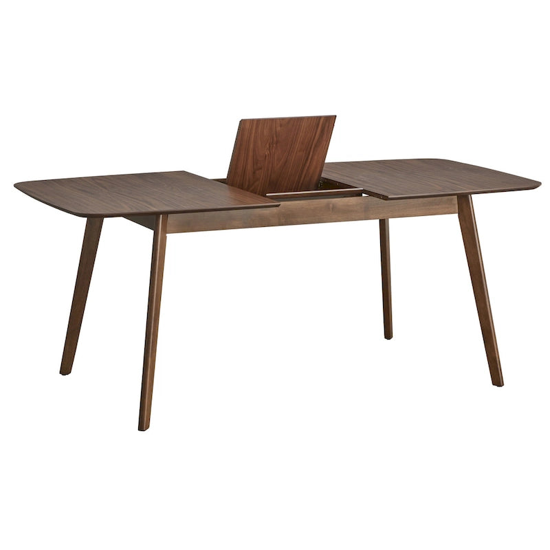 Table à manger extensible en noyer, avec rallonge papillon, pieds coniques style Mid-Century, coins arrondis.