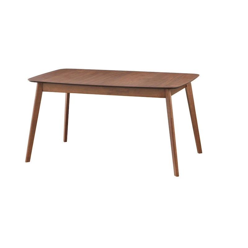 Table à manger extensible en noyer, avec rallonge papillon, pieds coniques style Mid-Century, coins arrondis.