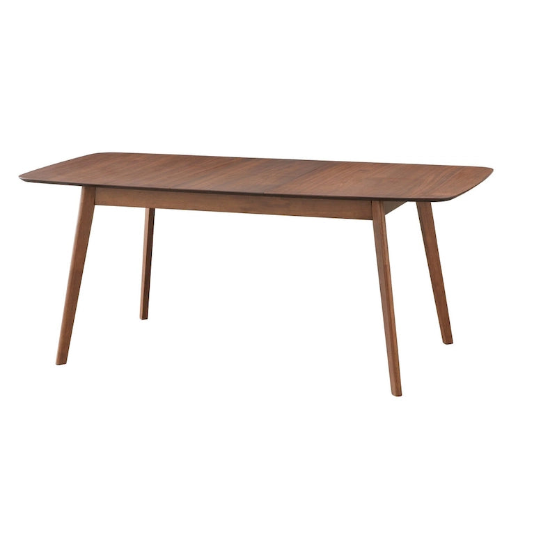 Table à manger extensible en noyer, avec rallonge papillon, pieds coniques style Mid-Century, coins arrondis.