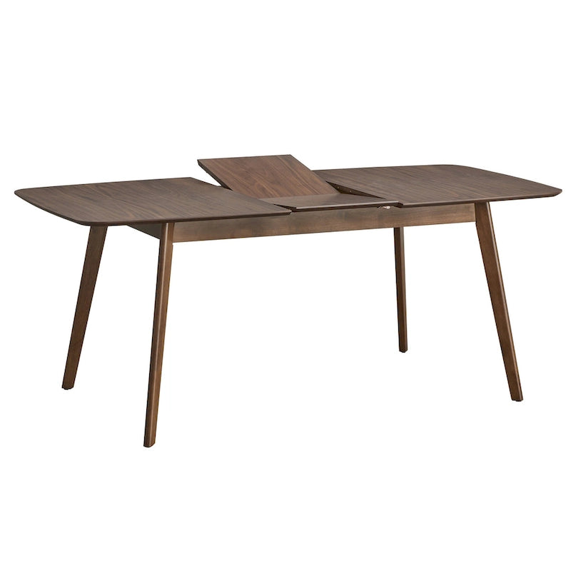 Table à manger extensible en noyer, avec rallonge papillon, pieds coniques style Mid-Century, coins arrondis.
