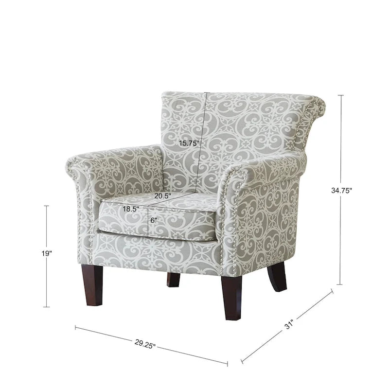 Fauteuil Club en tissu imprimé ajouré gris, garniture cloutée argentée, coussin d'assise amovible, pieds en bois massif