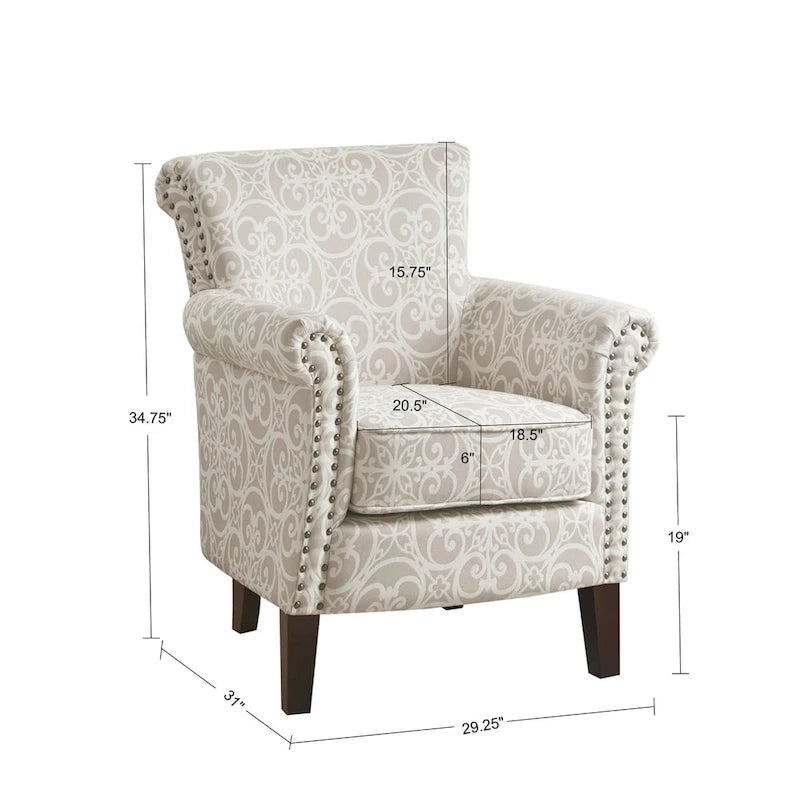 Fauteuil Club en tissu imprimé ajouré gris, garniture cloutée argentée, coussin d'assise amovible, pieds en bois massif