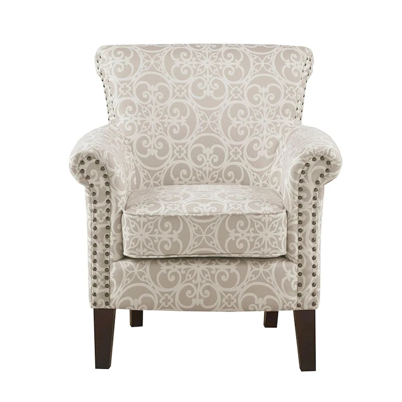 Fauteuil Club en tissu imprimé ajouré gris, garniture cloutée argentée, coussin d'assise amovible, pieds en bois massif