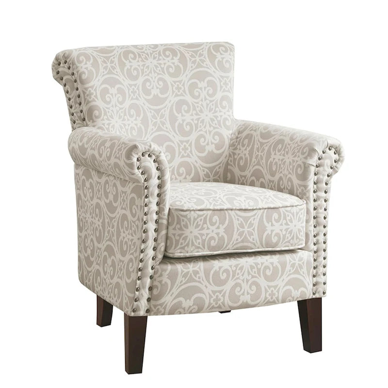 Fauteuil Club en tissu imprimé ajouré gris, garniture cloutée argentée, coussin d'assise amovible, pieds en bois massif