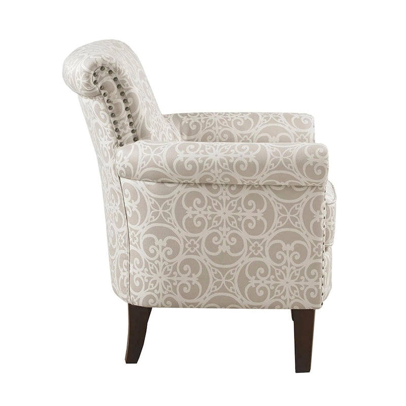 Fauteuil Club en tissu imprimé ajouré gris, garniture cloutée argentée, coussin d'assise amovible, pieds en bois massif