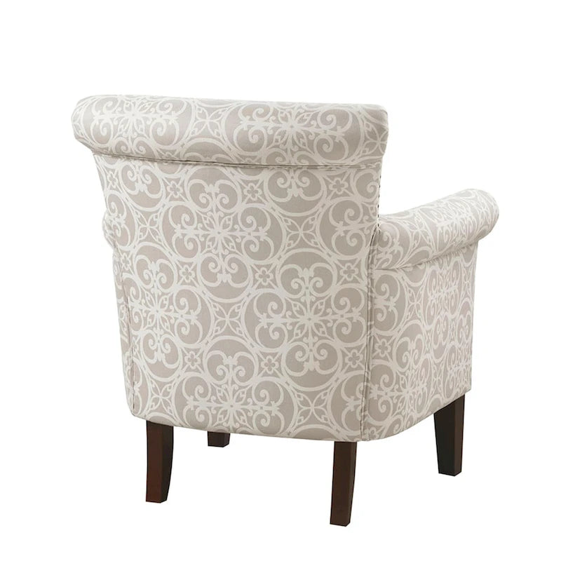 Fauteuil Club en tissu imprimé ajouré gris, garniture cloutée argentée, coussin d'assise amovible, pieds en bois massif