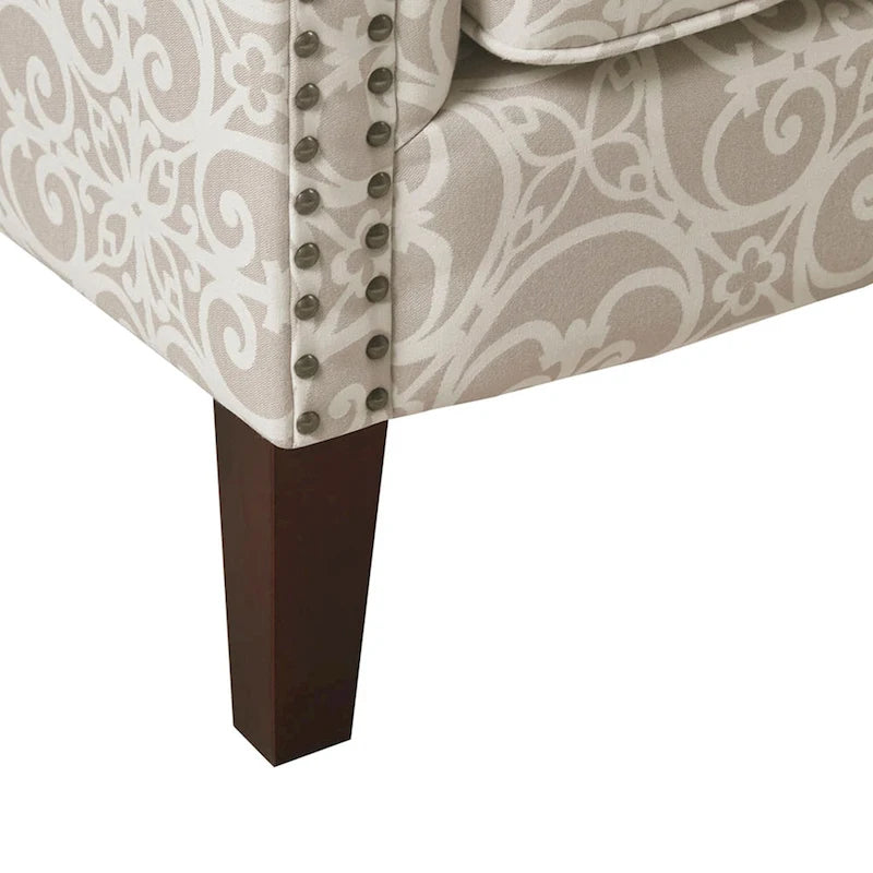 Fauteuil Club en tissu imprimé ajouré gris, garniture cloutée argentée, coussin d'assise amovible, pieds en bois massif
