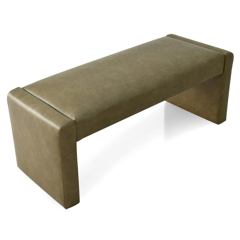 Banc cascade en similicuir olive entièrement rembourré, base ouverte, structure en bois massif, coussin moelleux