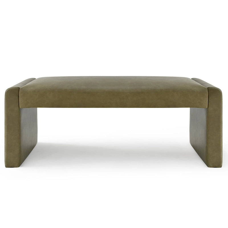 Banc cascade en similicuir olive entièrement rembourré, base ouverte, structure en bois massif, coussin moelleux