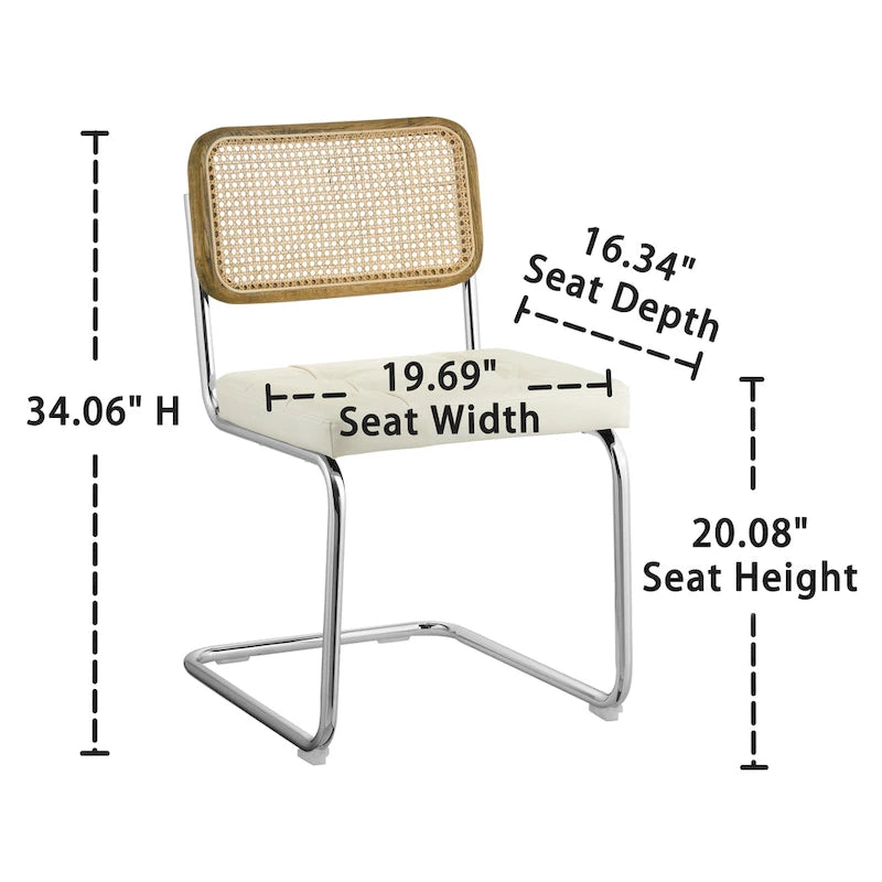 Chaise de salle à manger cantilever blanc cassé, dossier en cannage, structure chromée, assise en similicuir