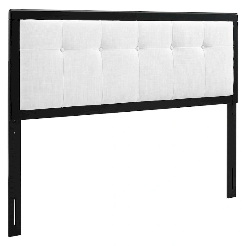 Tête de lit capitonnée en tissu blanc avec cadre en bois massif noir, réglable en hauteur sur 3 positions, Queen