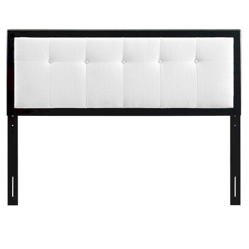 Tête de lit capitonnée en tissu blanc avec cadre en bois massif noir, réglable en hauteur sur 3 positions, Queen