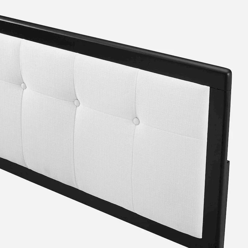 Tête de lit capitonnée en tissu blanc avec cadre en bois massif noir, réglable en hauteur sur 3 positions, Queen