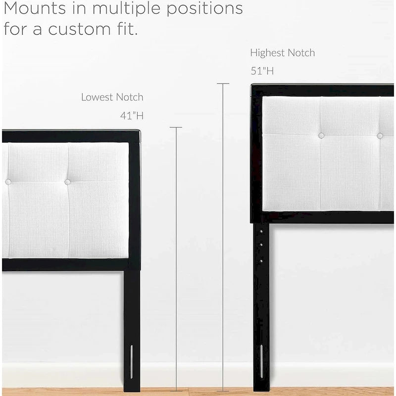 Tête de lit capitonnée en tissu blanc avec cadre en bois massif noir, réglable en hauteur sur 3 positions, Queen