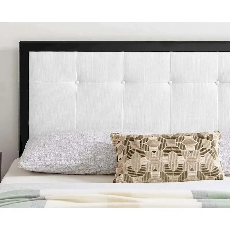 Tête de lit capitonnée en tissu blanc avec cadre en bois massif noir, réglable en hauteur sur 3 positions, Queen