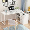 Bureau d'ordinateur en L blanc 3 tiroirs Étagère ouverte Pieds en U Bord chanfreiné MDF