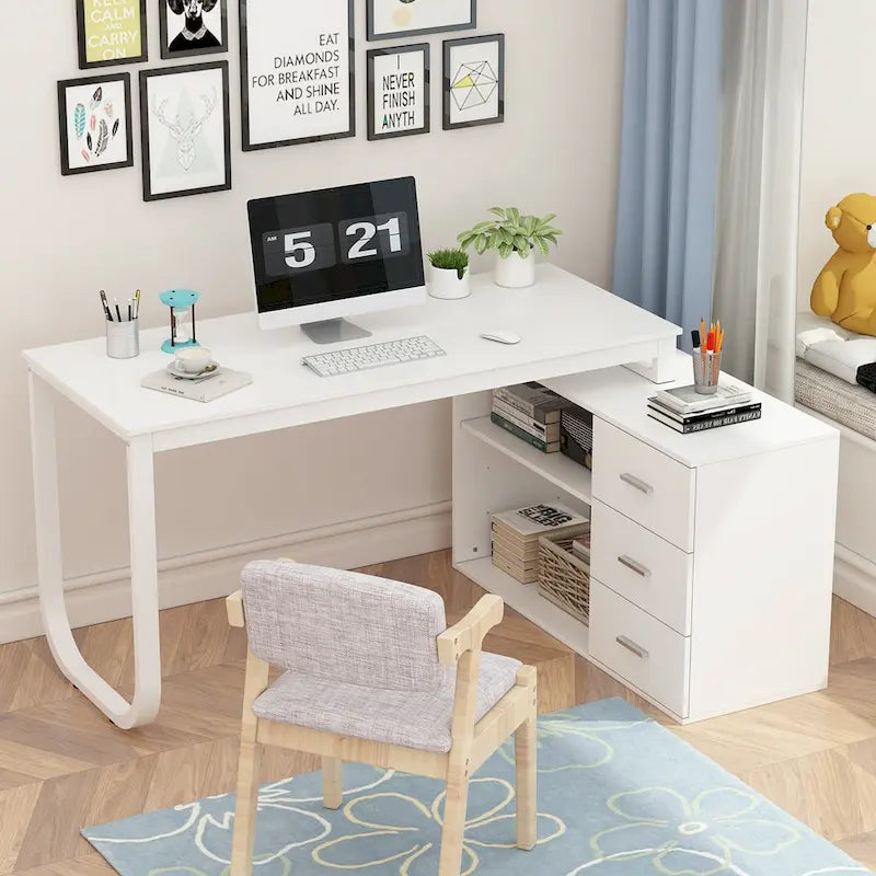 Bureau d'ordinateur en L blanc 3 tiroirs Étagère ouverte Pieds en U Bord chanfreiné MDF