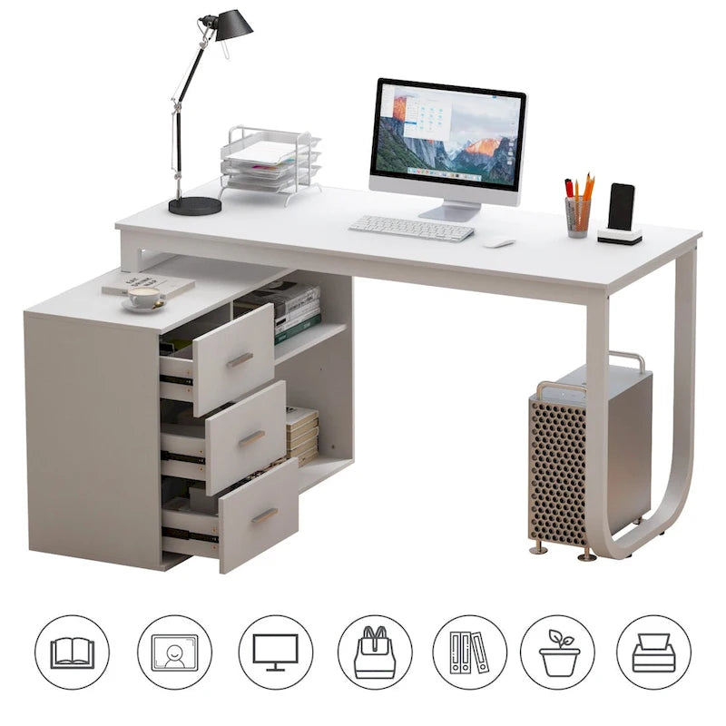 Bureau d'ordinateur en L blanc 3 tiroirs Étagère ouverte Pieds en U Bord chanfreiné MDF