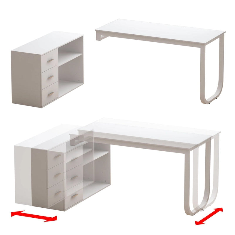 Bureau d'ordinateur en L blanc 3 tiroirs Étagère ouverte Pieds en U Bord chanfreiné MDF