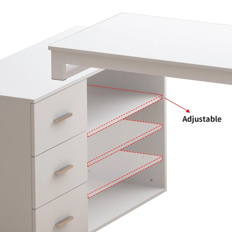Bureau d'ordinateur en L blanc 3 tiroirs Étagère ouverte Pieds en U Bord chanfreiné MDF