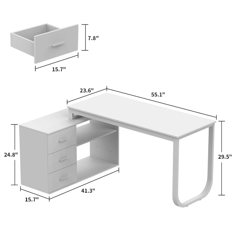 Bureau d'ordinateur en L blanc 3 tiroirs Étagère ouverte Pieds en U Bord chanfreiné MDF