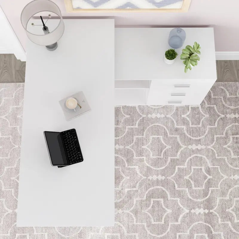 Bureau d'ordinateur en L blanc 3 tiroirs Étagère ouverte Pieds en U Bord chanfreiné MDF